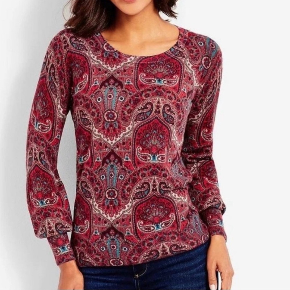Talbots Crewneck paisley pullover burgundy sweater size L Petite